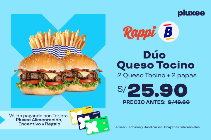 DUO QUESO TOCINO:  2 QUESO TOCINO + 2 PAPAS  A S/.25.90. PRECIO REGULAR S/.49.60. 